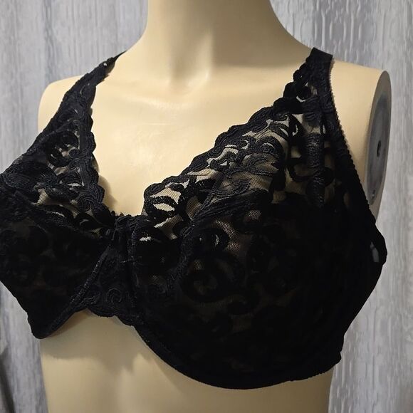 Wacoal Arabesque Lace & Mesh Underwire Bra 40DD Black 85199 Unlined Full Figure - Picture 6 of 9